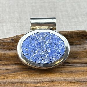 Vintage Mexico ATI Unique Natural Blue Stone 925 Silver Oval Pendant 12.4 g